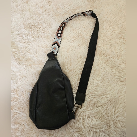 Black Crossbody Bag with Patterned Strap - Picture 4 of 7